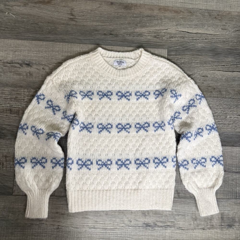 Textured Bow Sweater Women XXS Cream Blue Coquette Cottagecore Knit Pullover
